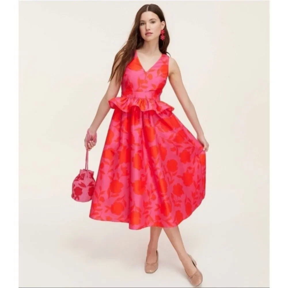 Kate Spade NY X Target Pink and Red Rose Peplum Midi Dress Size 6 New
